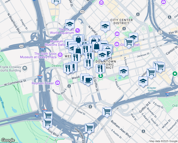 map of restaurants, bars, coffee shops, grocery stores, and more near 900 Jackson Street in Dallas