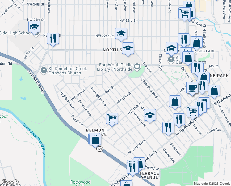 map of restaurants, bars, coffee shops, grocery stores, and more near 1713 Denver Avenue in Fort Worth