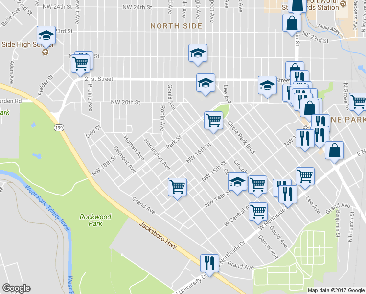 map of restaurants, bars, coffee shops, grocery stores, and more near 1713 Denver Avenue in Fort Worth