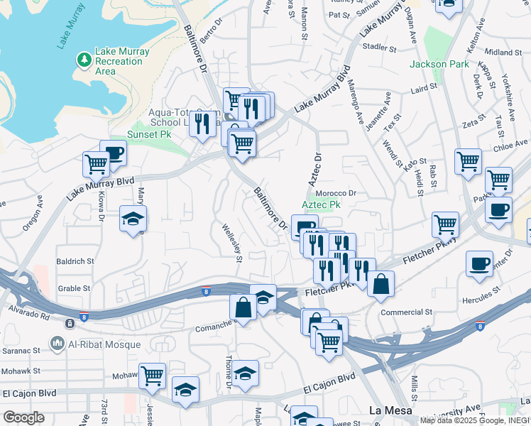 map of restaurants, bars, coffee shops, grocery stores, and more near 5445 Baltimore Drive in La Mesa