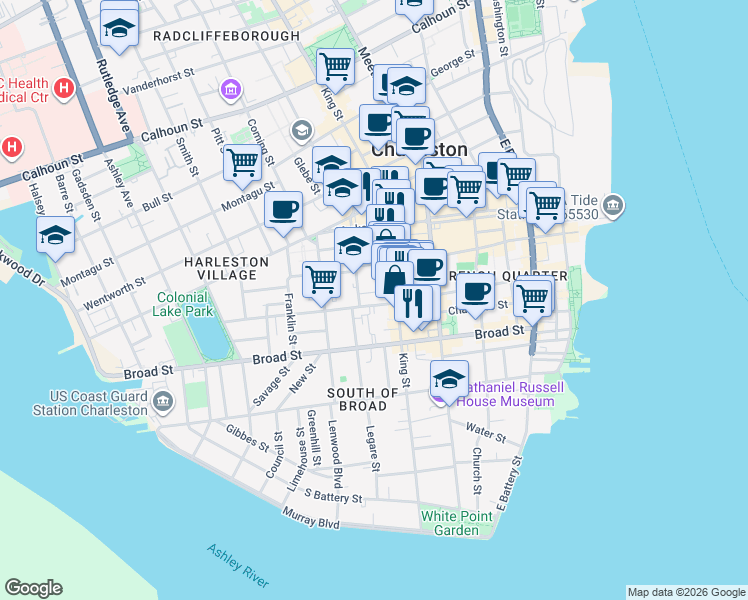 map of restaurants, bars, coffee shops, grocery stores, and more near 151 King Street in Charleston