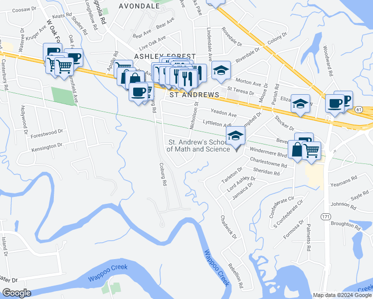 map of restaurants, bars, coffee shops, grocery stores, and more near 5 Colleton Drive in Charleston