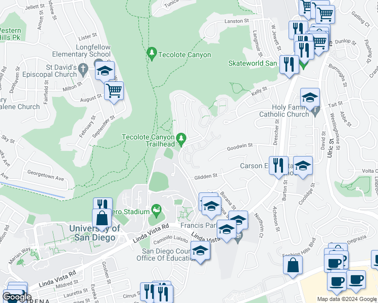 map of restaurants, bars, coffee shops, grocery stores, and more near 6306 Caminito Del Cervato in San Diego