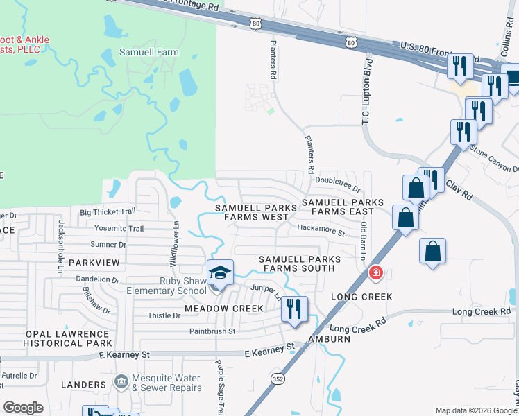 map of restaurants, bars, coffee shops, grocery stores, and more near 1329 Hackamore Street in Mesquite