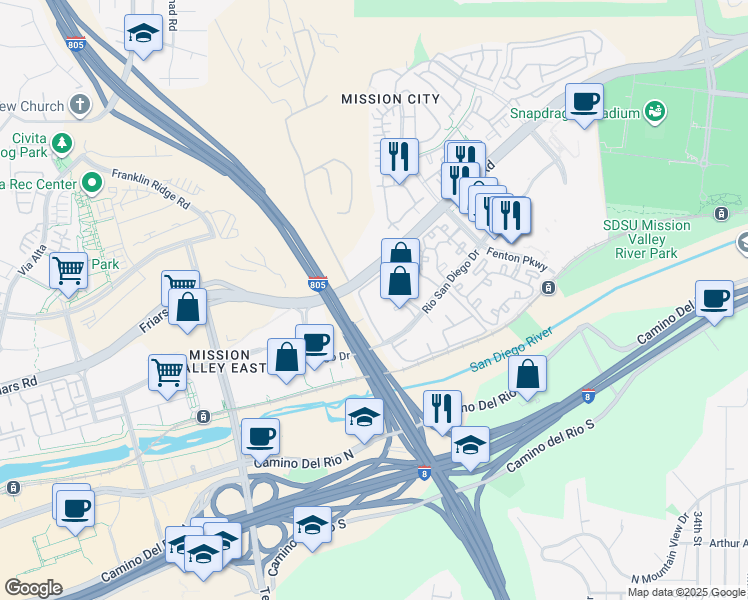 map of restaurants, bars, coffee shops, grocery stores, and more near 2224 River Run Drive in San Diego