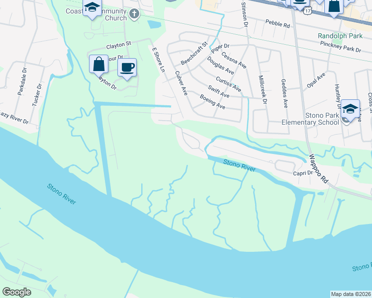 map of restaurants, bars, coffee shops, grocery stores, and more near 155 River Breeze Drive in Charleston