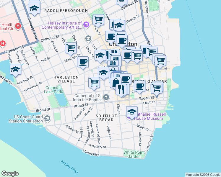 map of restaurants, bars, coffee shops, grocery stores, and more near 151 King Street in Charleston