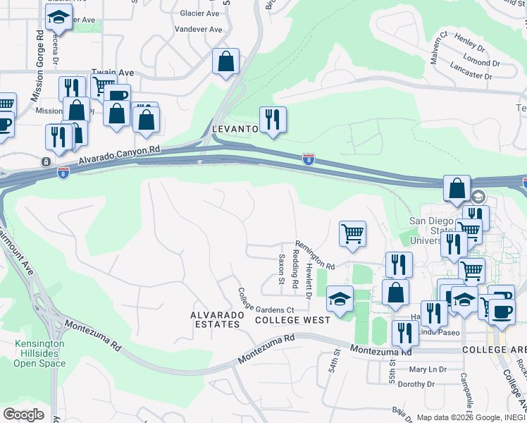 map of restaurants, bars, coffee shops, grocery stores, and more near 5143 Bixel Drive in San Diego