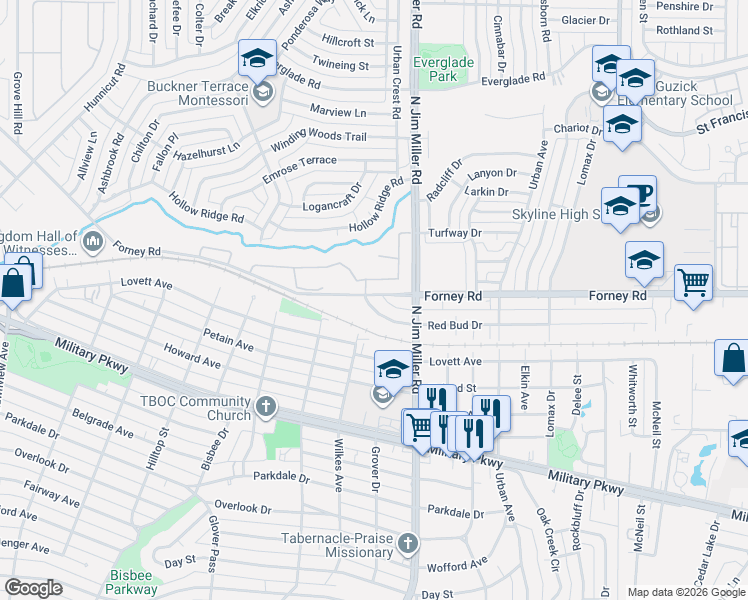 map of restaurants, bars, coffee shops, grocery stores, and more near 6807 Redbud Drive in Dallas