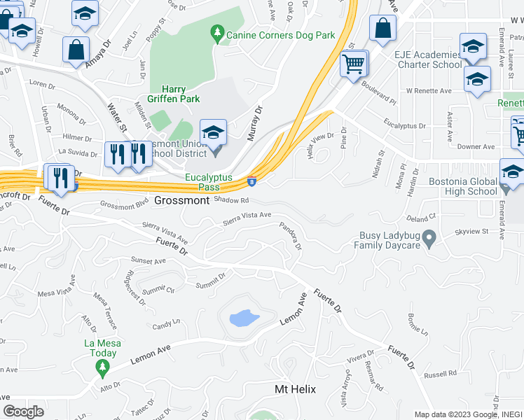 map of restaurants, bars, coffee shops, grocery stores, and more near 9901 Shadow Road in La Mesa