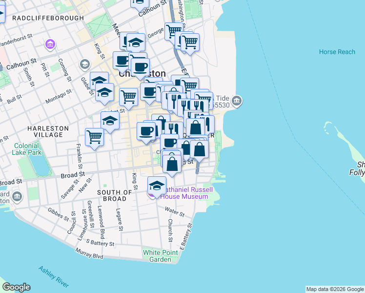 map of restaurants, bars, coffee shops, grocery stores, and more near 6 Chalmers Street in Charleston