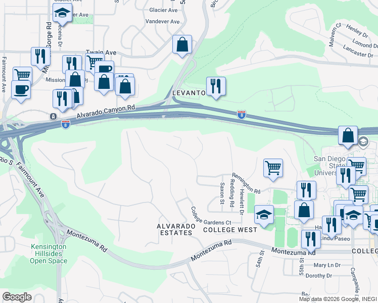 map of restaurants, bars, coffee shops, grocery stores, and more near 5463 Drover Drive in San Diego