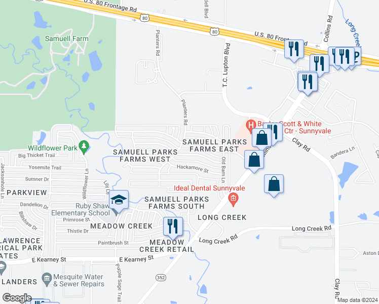 map of restaurants, bars, coffee shops, grocery stores, and more near 1535 Windmill Lane in Mesquite