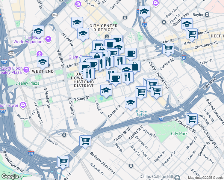 map of restaurants, bars, coffee shops, grocery stores, and more near 501 South Ervay Street in Dallas