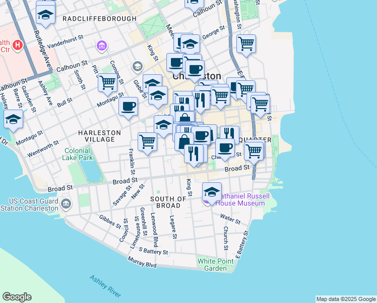 map of restaurants, bars, coffee shops, grocery stores, and more near 86 Queen Street in Charleston