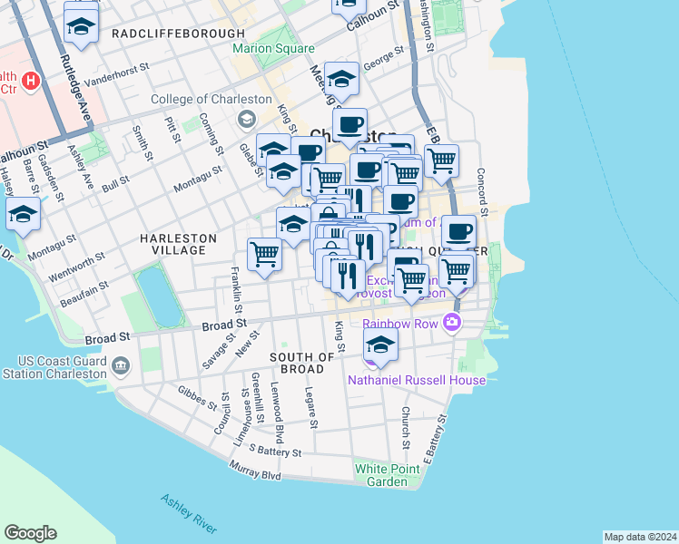 map of restaurants, bars, coffee shops, grocery stores, and more near 74 Queen Street in Charleston
