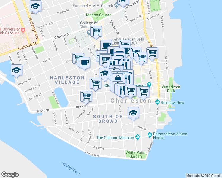 map of restaurants, bars, coffee shops, grocery stores, and more near 151 King Street in Charleston
