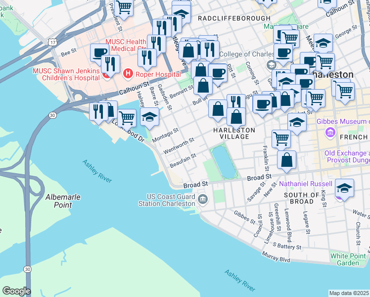 map of restaurants, bars, coffee shops, grocery stores, and more near 12 Gadsden Street in Charleston