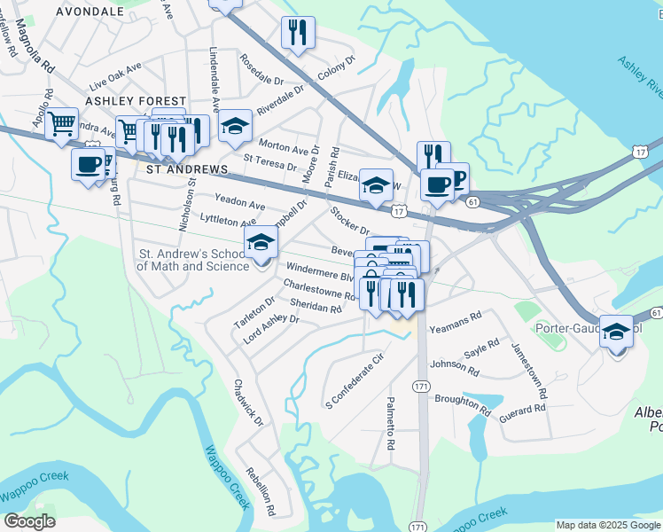 map of restaurants, bars, coffee shops, grocery stores, and more near 634 Windermere Boulevard in Charleston