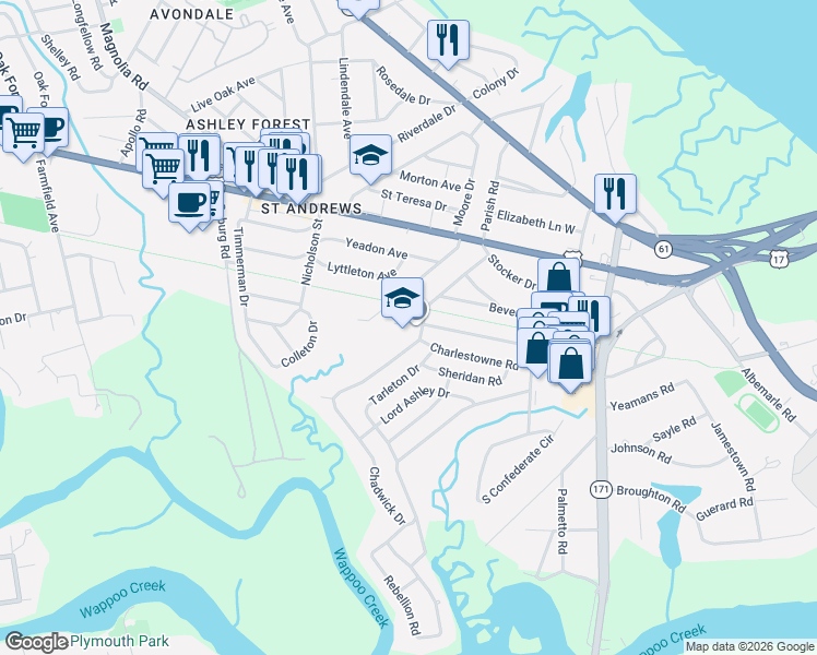 map of restaurants, bars, coffee shops, grocery stores, and more near 30 Chadwick Drive in Charleston