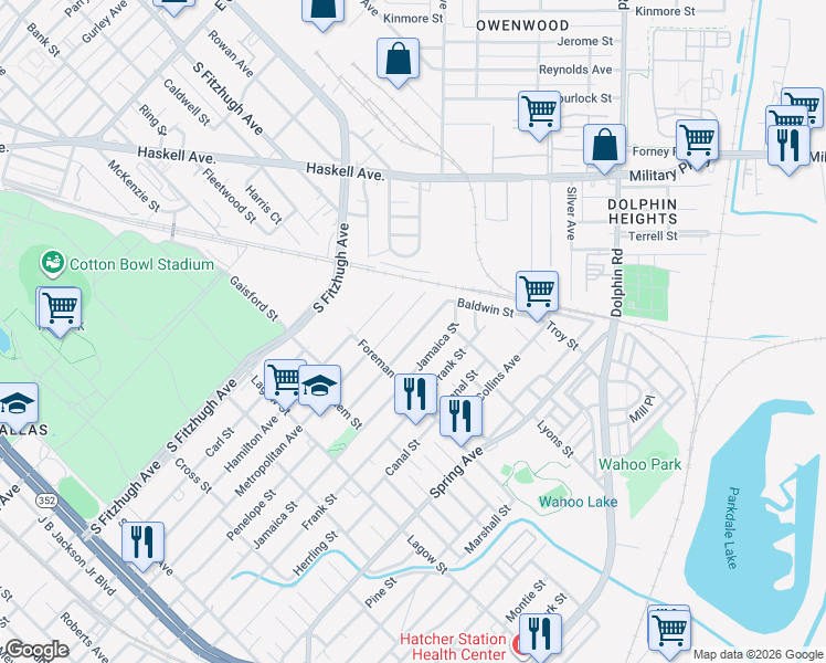 map of restaurants, bars, coffee shops, grocery stores, and more near 4515 Jamaica Street in Dallas