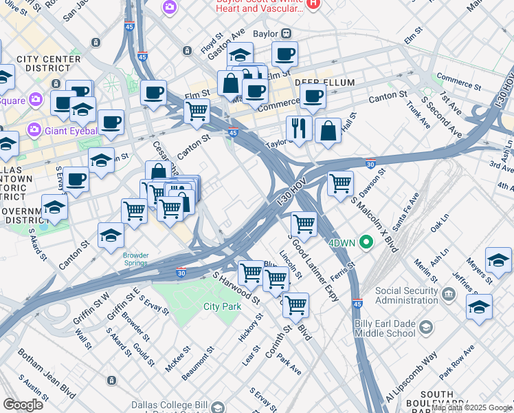 map of restaurants, bars, coffee shops, grocery stores, and more near 835 South Good Latimer Expressway in Dallas
