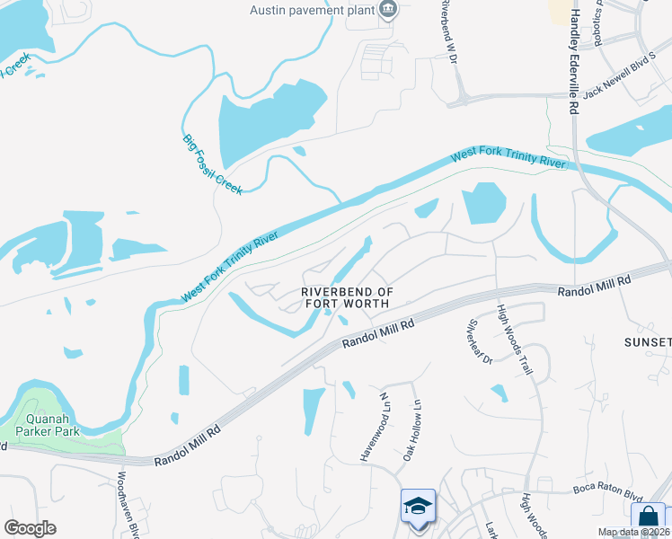 map of restaurants, bars, coffee shops, grocery stores, and more near 5940 Riverbend Place in Fort Worth