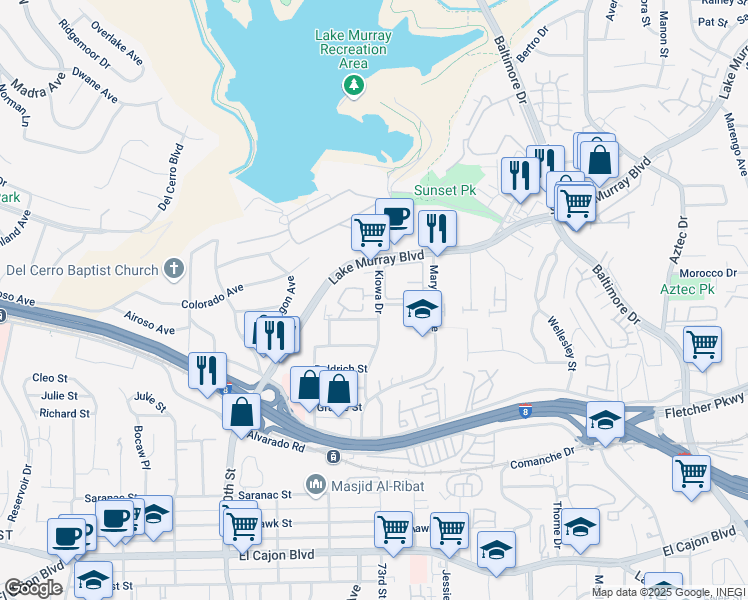 map of restaurants, bars, coffee shops, grocery stores, and more near 5450 Kiowa Drive in La Mesa