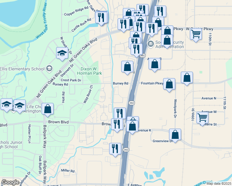 map of restaurants, bars, coffee shops, grocery stores, and more near 2511 Heather Brook Lane in Arlington