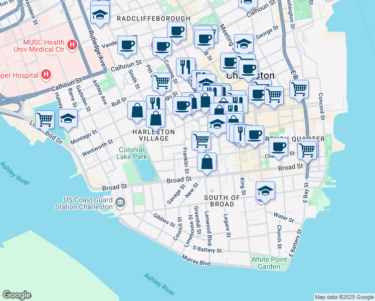 map of restaurants, bars, coffee shops, grocery stores, and more near 20 Franklin Street in Charleston