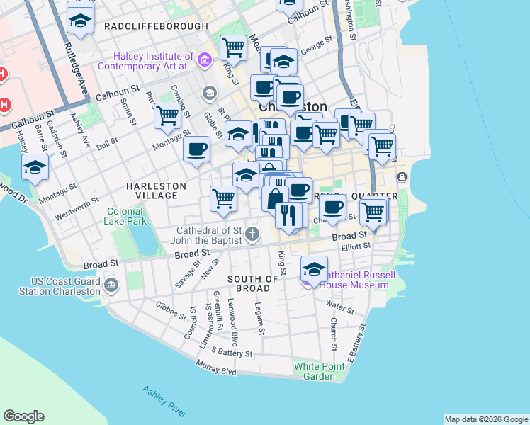map of restaurants, bars, coffee shops, grocery stores, and more near 151 King Street in Charleston