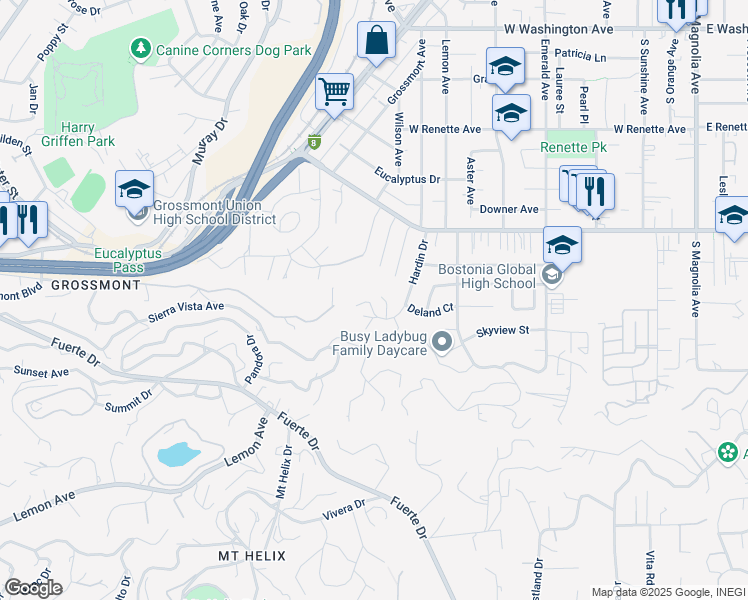 map of restaurants, bars, coffee shops, grocery stores, and more near 1366 Hardin Drive in El Cajon