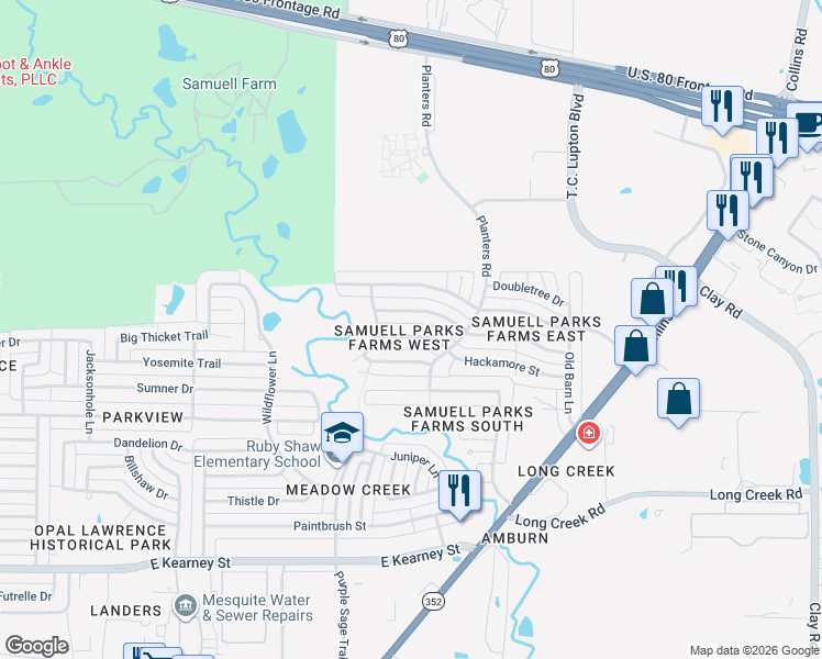 map of restaurants, bars, coffee shops, grocery stores, and more near 1329 Hackamore Street in Mesquite