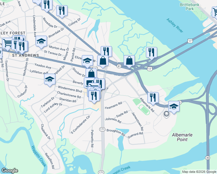 map of restaurants, bars, coffee shops, grocery stores, and more near 89 Folly Road in Charleston