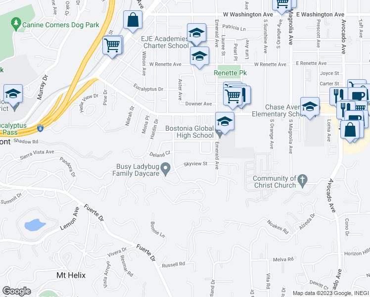 map of restaurants, bars, coffee shops, grocery stores, and more near 740 Deland Court in El Cajon