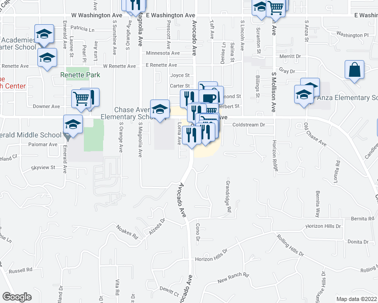 map of restaurants, bars, coffee shops, grocery stores, and more near 369 Dahlia Way in El Cajon