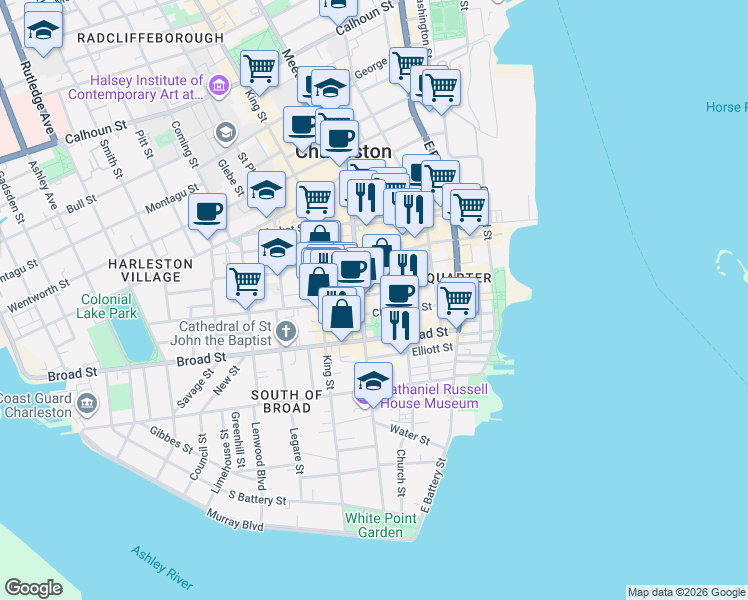 map of restaurants, bars, coffee shops, grocery stores, and more near 61 Queen Street in Charleston