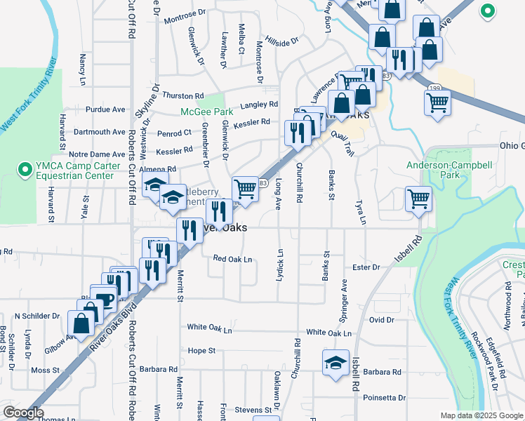 map of restaurants, bars, coffee shops, grocery stores, and more near 4812 Arc Drive in River Oaks