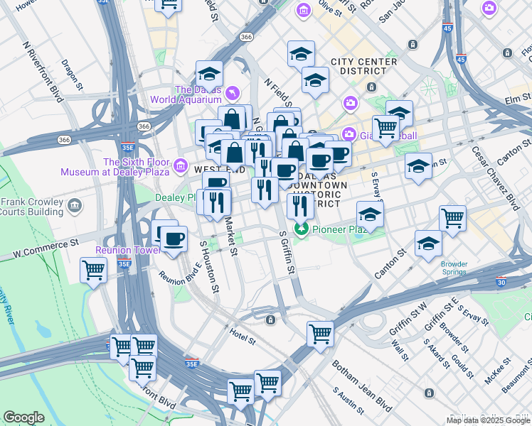 map of restaurants, bars, coffee shops, grocery stores, and more near 900 Jackson Street in Dallas