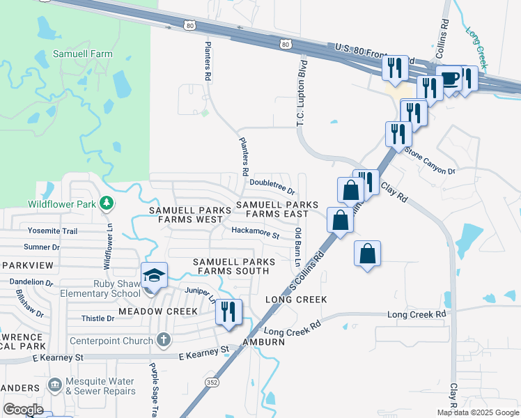 map of restaurants, bars, coffee shops, grocery stores, and more near 1615 Windmill Lane in Mesquite