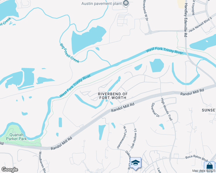 map of restaurants, bars, coffee shops, grocery stores, and more near 5940 Riverbend Place in Fort Worth