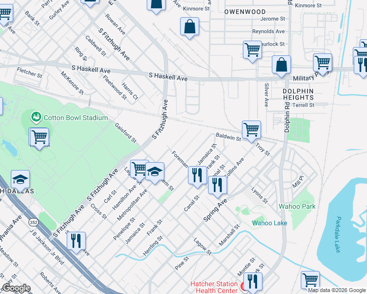 map of restaurants, bars, coffee shops, grocery stores, and more near 4423 Metropolitan Avenue in Dallas
