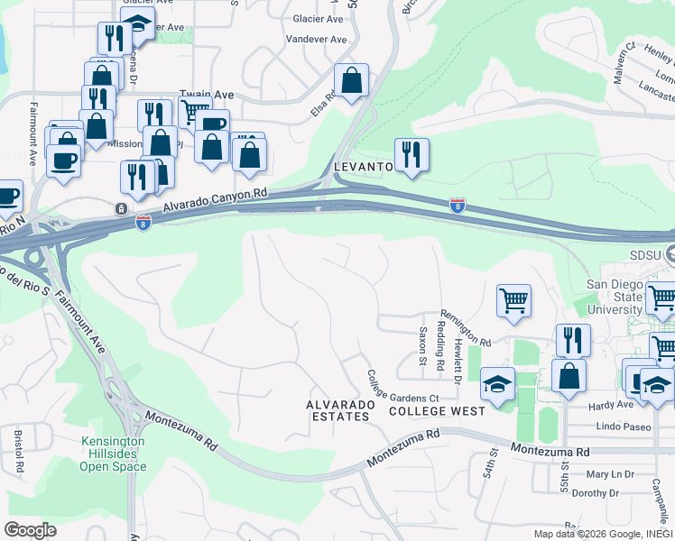map of restaurants, bars, coffee shops, grocery stores, and more near 5512 Drover Drive in San Diego
