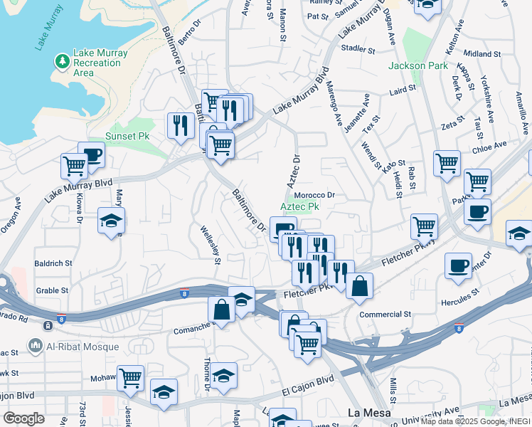 map of restaurants, bars, coffee shops, grocery stores, and more near 5353 Baltimore Drive in La Mesa