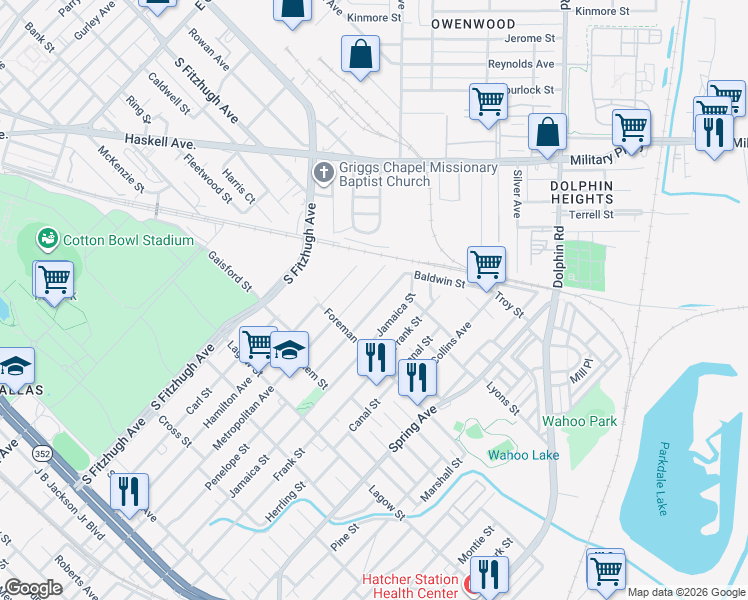 map of restaurants, bars, coffee shops, grocery stores, and more near 4515 Baldwin Street in Dallas