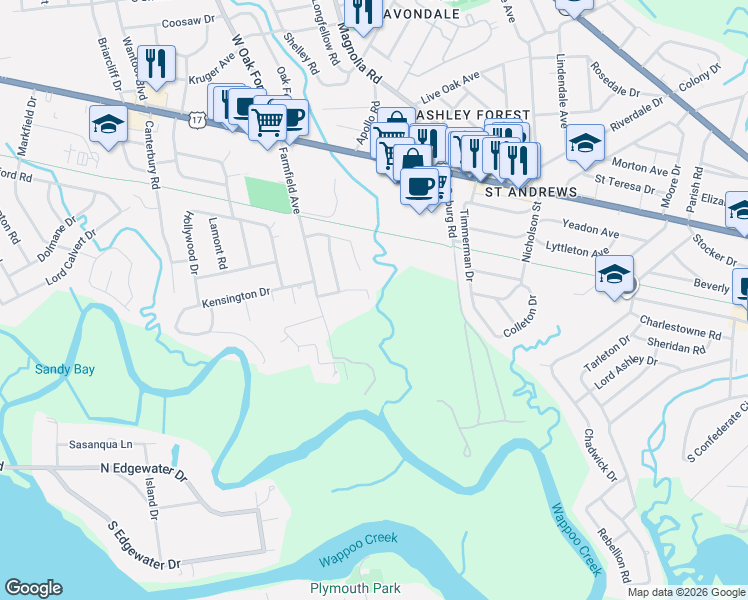 map of restaurants, bars, coffee shops, grocery stores, and more near 11 Gardens Corner Court in Charleston