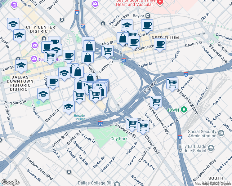 map of restaurants, bars, coffee shops, grocery stores, and more near 1110 South Cesar Chavez Boulevard in Dallas