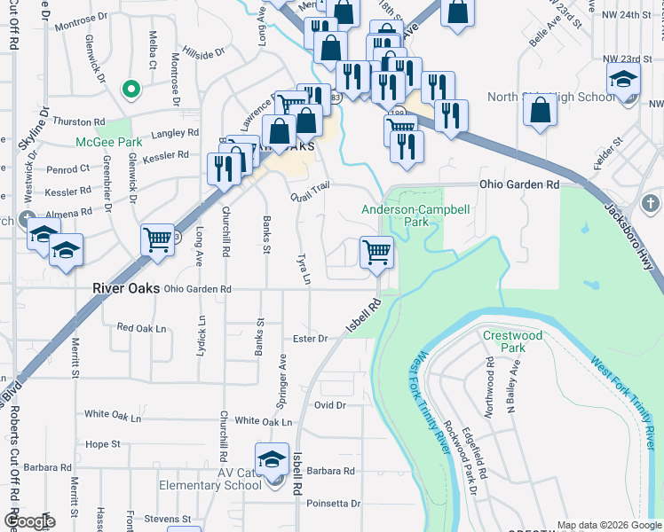 map of restaurants, bars, coffee shops, grocery stores, and more near 4344 Brom Bones Alley in Fort Worth