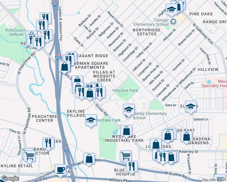 map of restaurants, bars, coffee shops, grocery stores, and more near 1139 Hillcrest Street in Mesquite