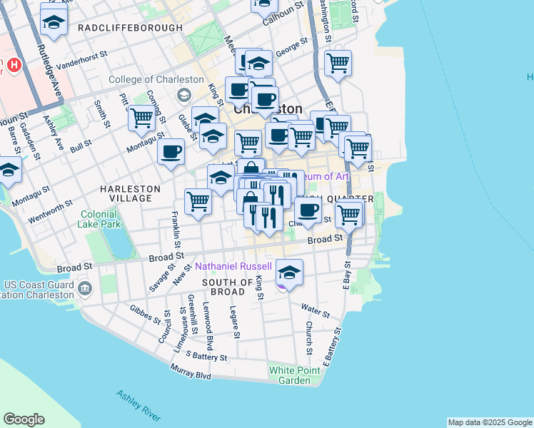 map of restaurants, bars, coffee shops, grocery stores, and more near 74 Queen Street in Charleston